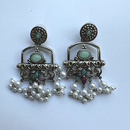Oxidized Silver Earrings with Mint Green Stones & Pearls