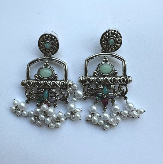 Oxidized Silver Earrings with Mint Green Stones & Pearls