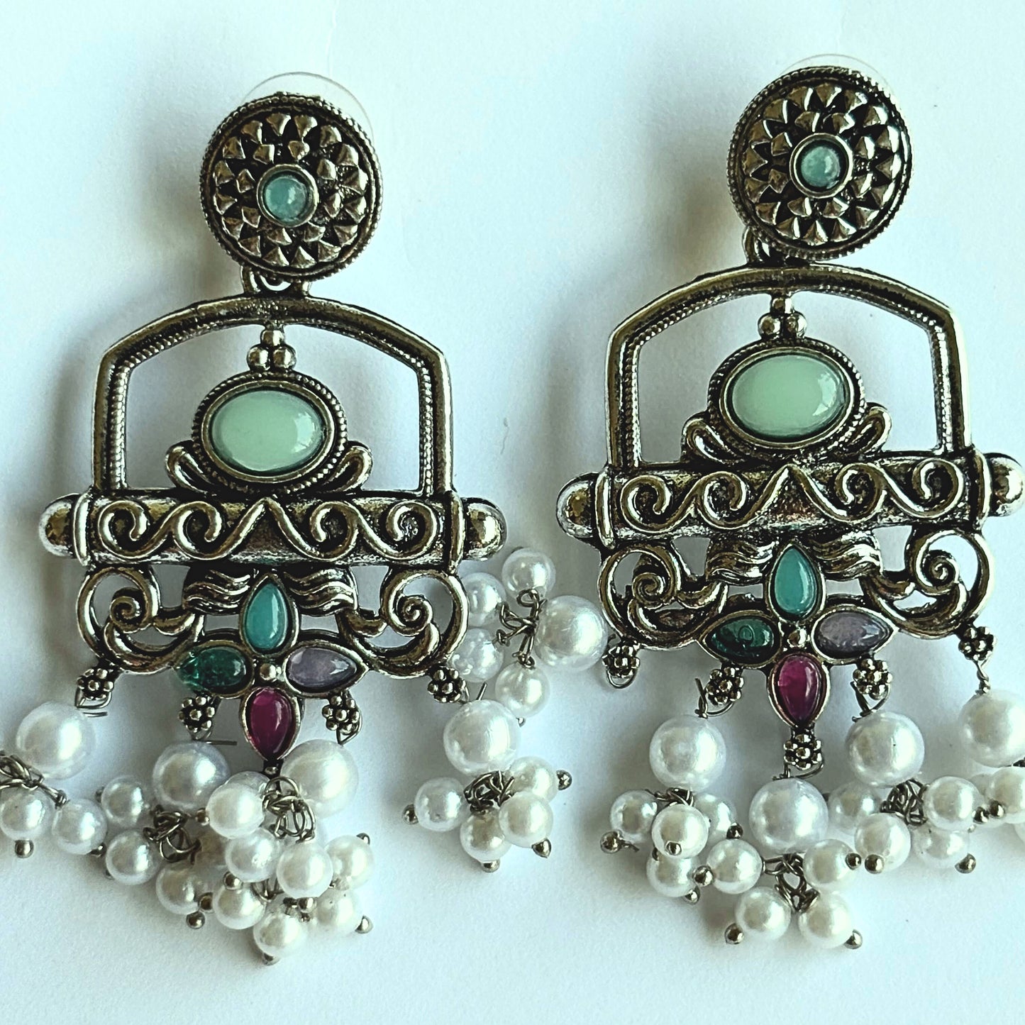 Oxidized Silver Earrings with Mint Green Stones & Pearls