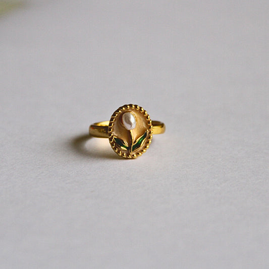 Tulip Bloom Ring – Gold Plated Floral Design with Pearl size 19