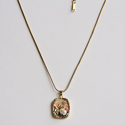 Gold Tone Botanical Resin Art Pendant Necklace with Pearl & Crystal