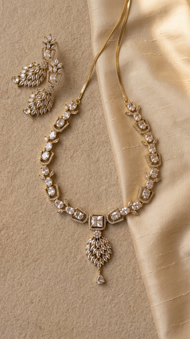 Champagne Vine Marquise-Cut AD Necklace Set - Antique Gold Finish