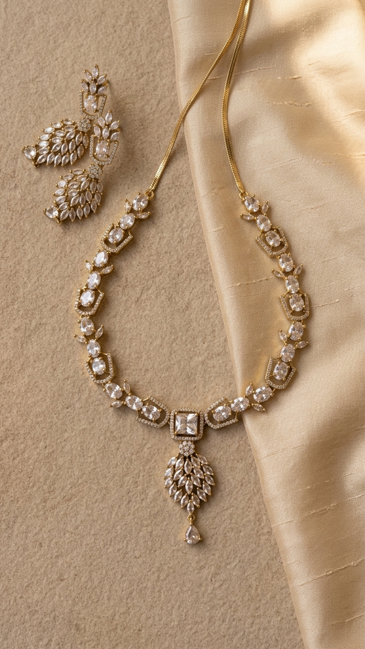 Champagne Vine Marquise-Cut AD Necklace Set - Antique Gold Finish