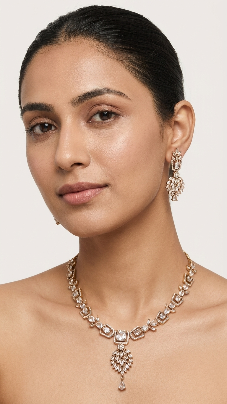 Champagne Vine Marquise-Cut AD Necklace Set - Antique Gold Finish