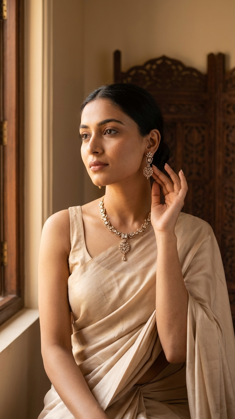 Champagne Vine Marquise-Cut AD Necklace Set - Antique Gold Finish