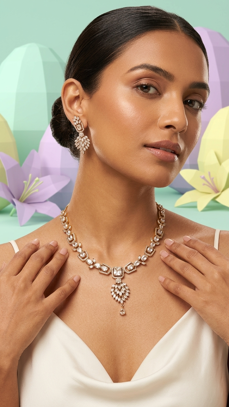 Champagne Vine Marquise-Cut AD Necklace Set - Antique Gold Finish
