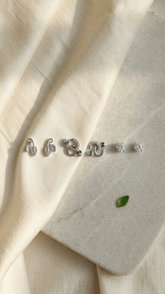 Emerald & Silver Botanical Earring Set – 3 Pairs of Anti-Tarnish Studs