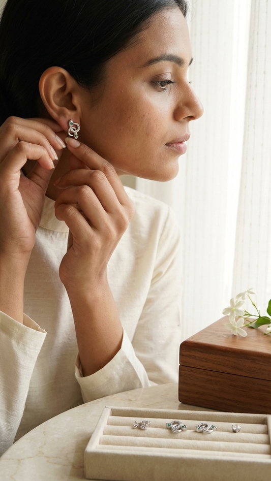 Emerald & Silver Botanical Earring Set – 3 Pairs of Anti-Tarnish Studs