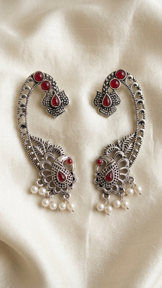 Vintage Oxidized Silver Peacock Ear Cuffs with Ruby Red Accents and Pearl Droplets