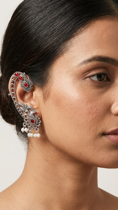 Vintage Oxidized Silver Peacock Ear Cuffs with Ruby Red Accents and Pearl Droplets