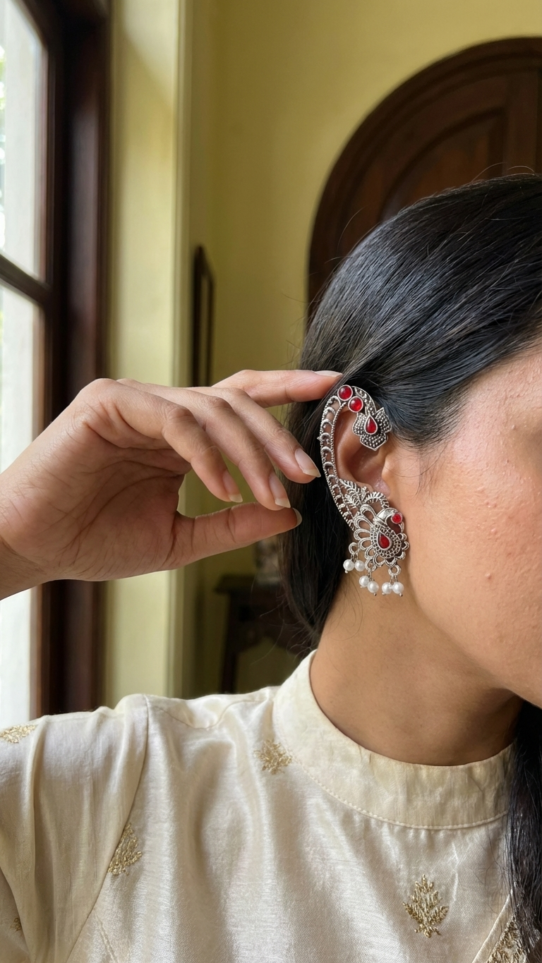 Vintage Oxidized Silver Peacock Ear Cuffs with Ruby Red Accents and Pearl Droplets