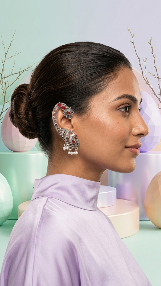 Vintage Oxidized Silver Peacock Ear Cuffs with Ruby Red Accents and Pearl Droplets