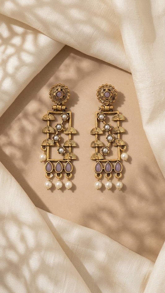 Antique Gold Rectangular Filigree Drop Earrings with Lavender Stones and Pearl Accents