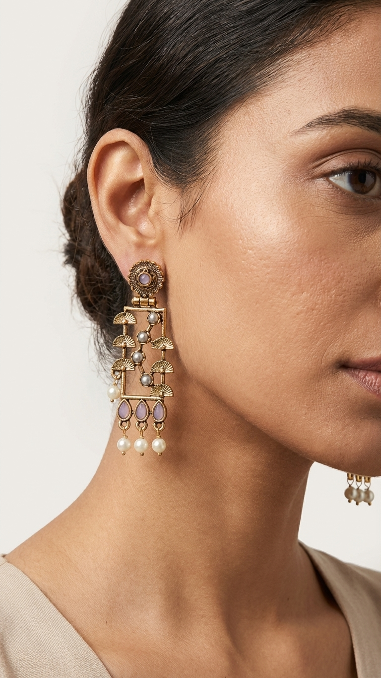 Antique Gold Rectangular Filigree Drop Earrings with Lavender Stones and Pearl Accents