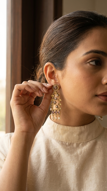 Antique Gold Rectangular Filigree Drop Earrings with Lavender Stones and Pearl Accents