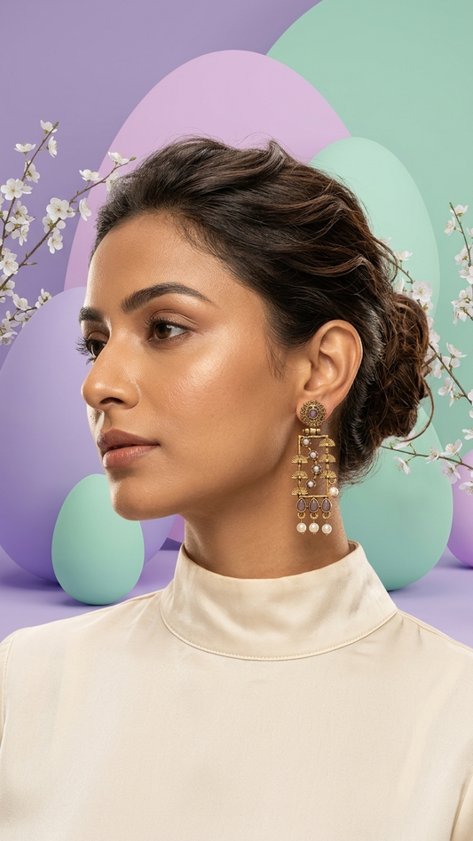 Antique Gold Rectangular Filigree Drop Earrings with Lavender Stones and Pearl Accents