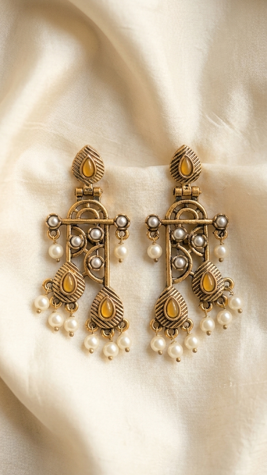 Antique Gold Tiered Chandelier Earrings with Honey-Amber Stones and Cascading Pearls