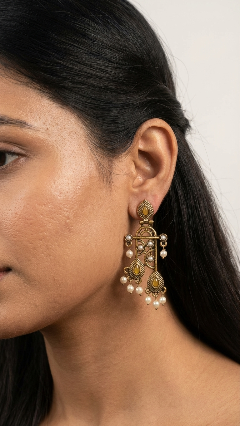 Antique Gold Tiered Chandelier Earrings with Honey-Amber Stones and Cascading Pearls