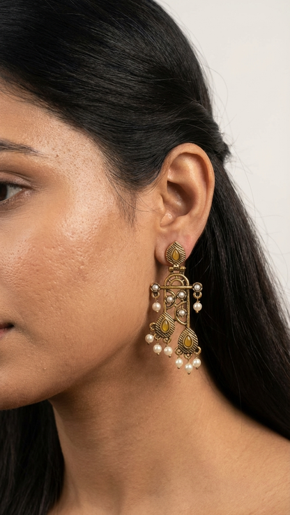 Antique Gold Tiered Chandelier Earrings with Honey-Amber Stones and Cascading Pearls