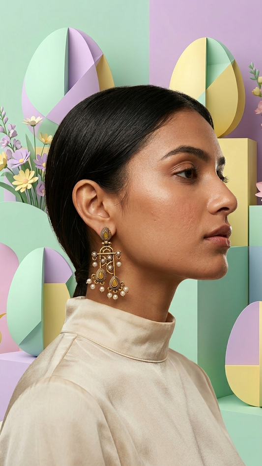 Antique Gold Tiered Chandelier Earrings with Honey-Amber Stones and Cascading Pearls