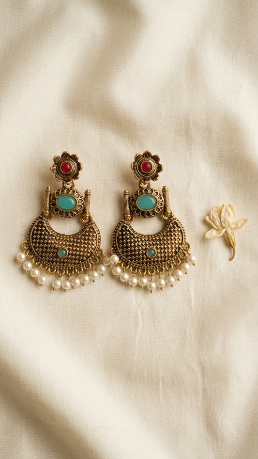Antique Gold Turquoise Chandbalis with Ruby Red Floral Studs and Pearl Fringes