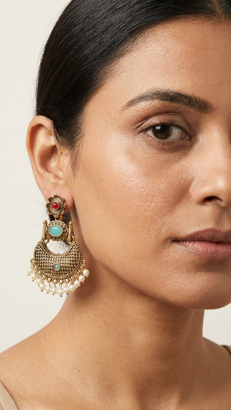 Antique Gold Turquoise Chandbalis with Ruby Red Floral Studs and Pearl Fringes