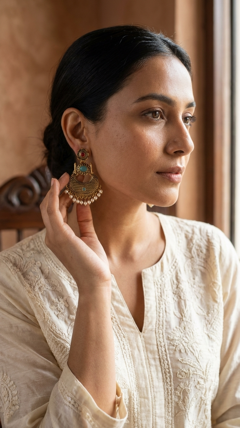 Antique Gold Turquoise Chandbalis with Ruby Red Floral Studs and Pearl Fringes
