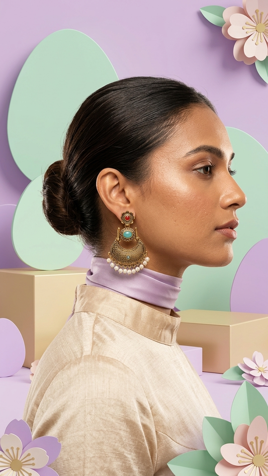 Antique Gold Turquoise Chandbalis with Ruby Red Floral Studs and Pearl Fringes