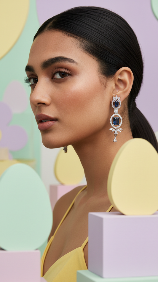 Navy Blue Stone Drop Earrings with American Diamond Halo