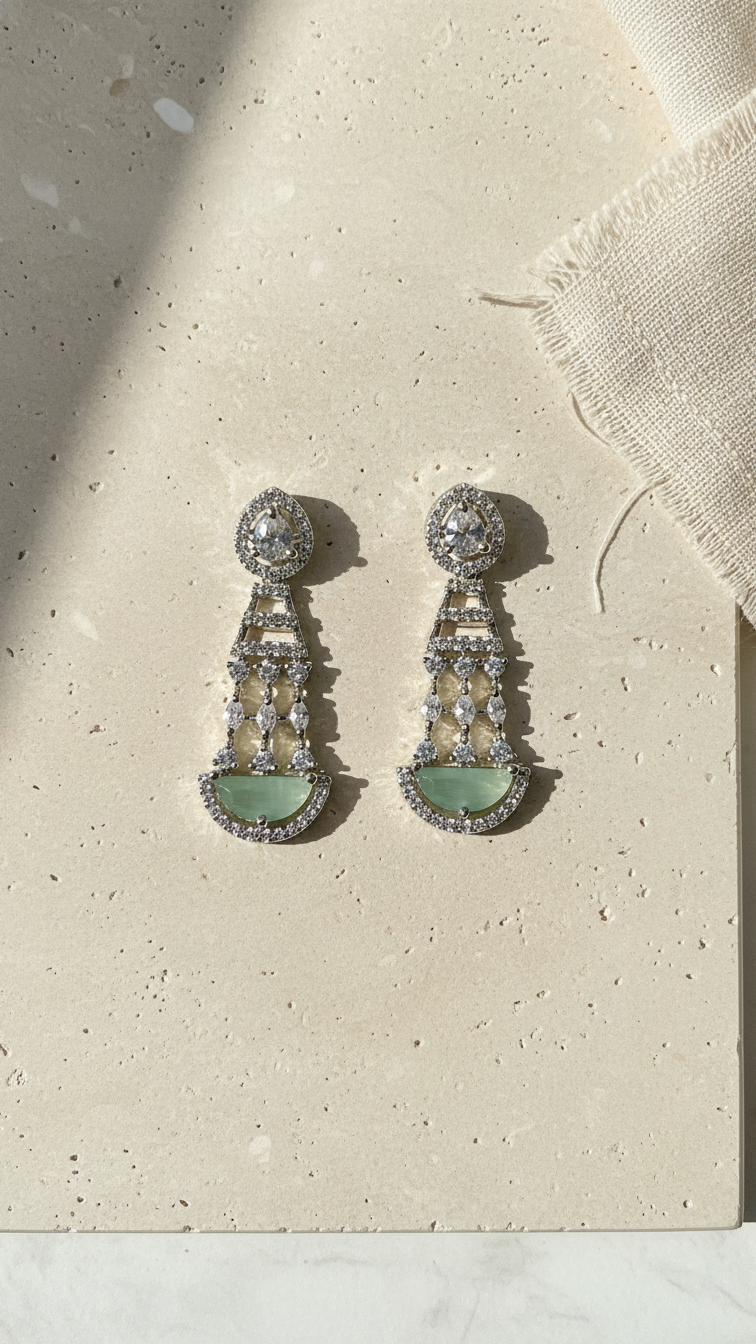 Mint Green Half-Moon AD Chandelier Earrings