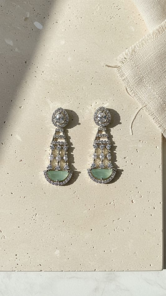 Mint Green Half-Moon AD Chandelier Earrings