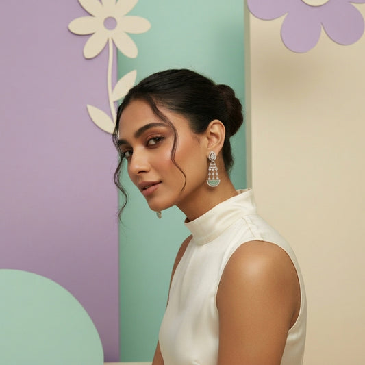 Mint Green Half-Moon AD Chandelier Earrings