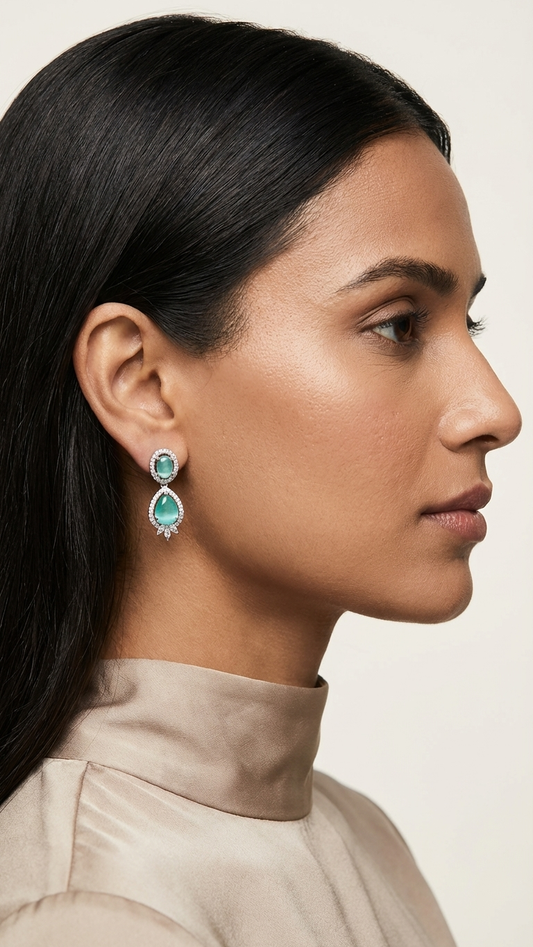 Emerald Green Long Pear-Cut AD Drop Earrings