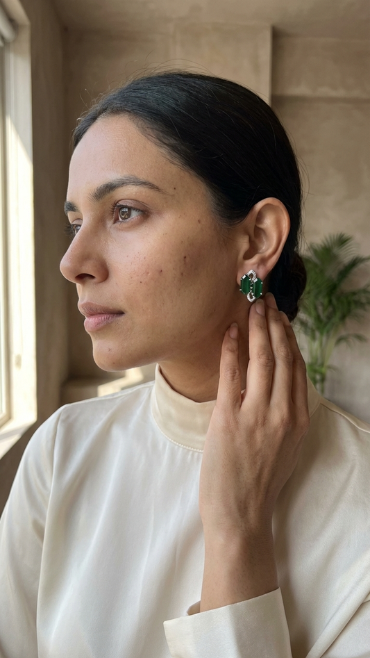 Emerald Green Architectural Studs - AD & Silver-Toned Statement Earrings