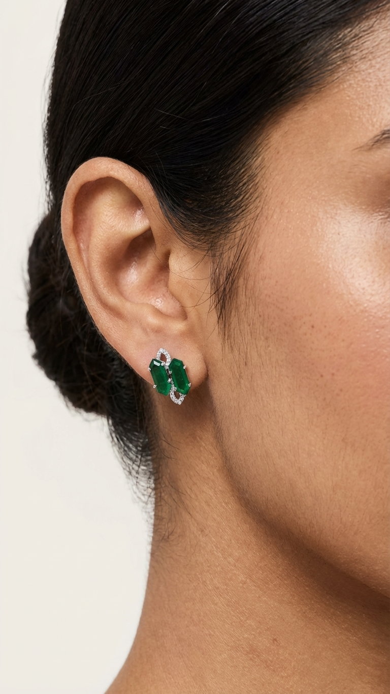 Emerald Green Architectural Studs - AD & Silver-Toned Statement Earrings