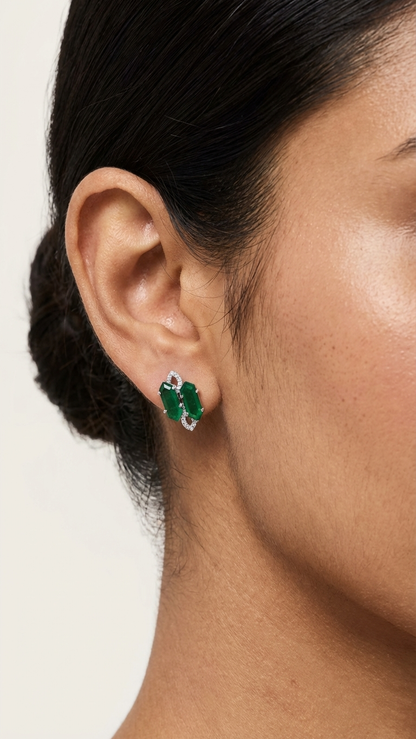 Emerald Green Architectural Studs - AD & Silver-Toned Statement Earrings