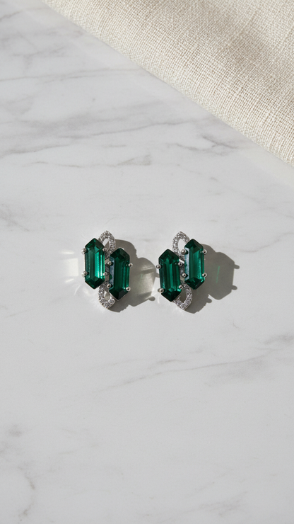Emerald Green Architectural Studs - AD & Silver-Toned Statement Earrings