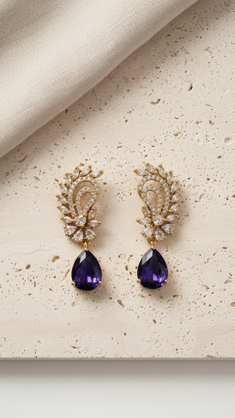 Navy Blue Pear-Cut AD Drop Earrings