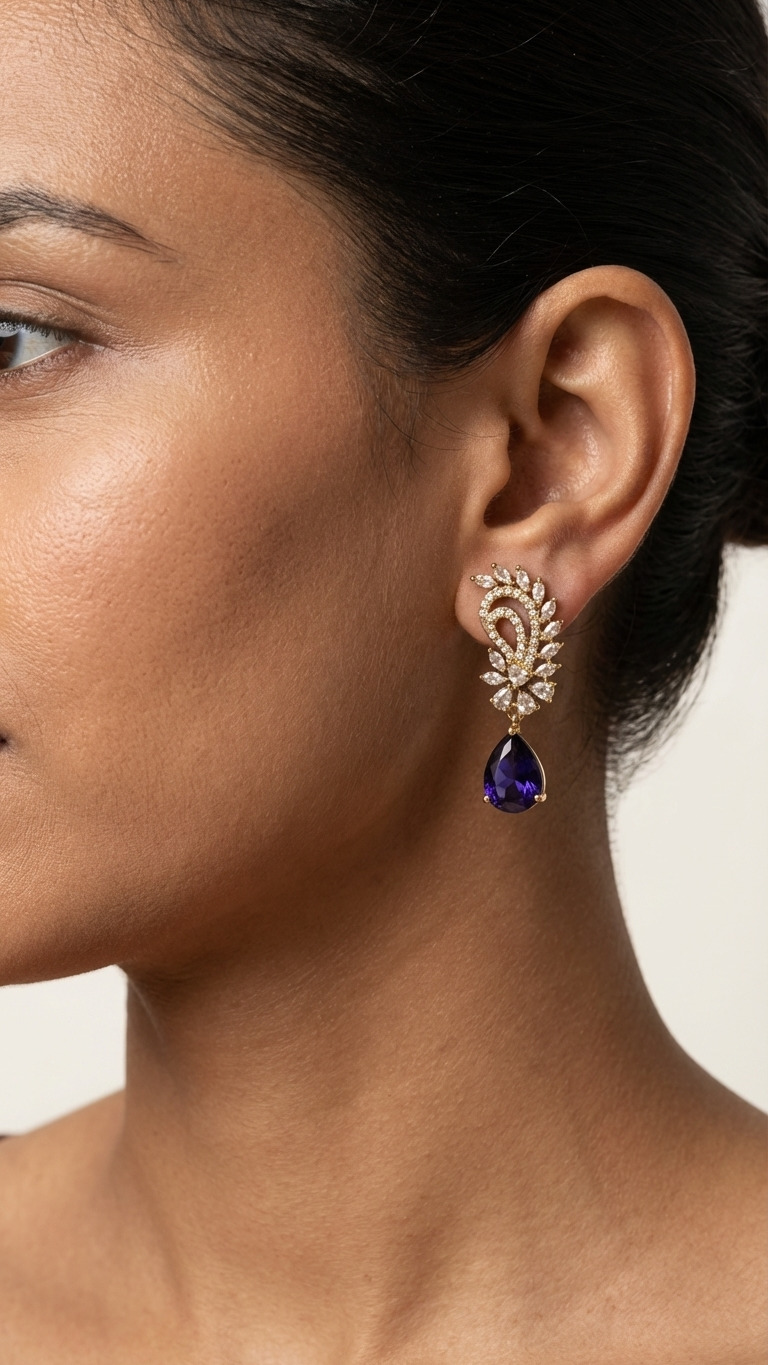 Navy Blue Pear-Cut AD Drop Earrings
