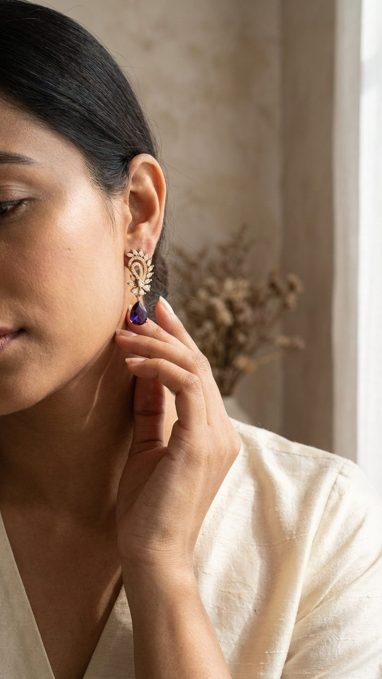 Navy Blue Pear-Cut AD Drop Earrings