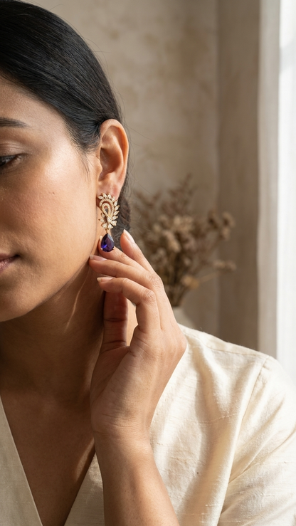 Navy Blue Pear-Cut AD Drop Earrings