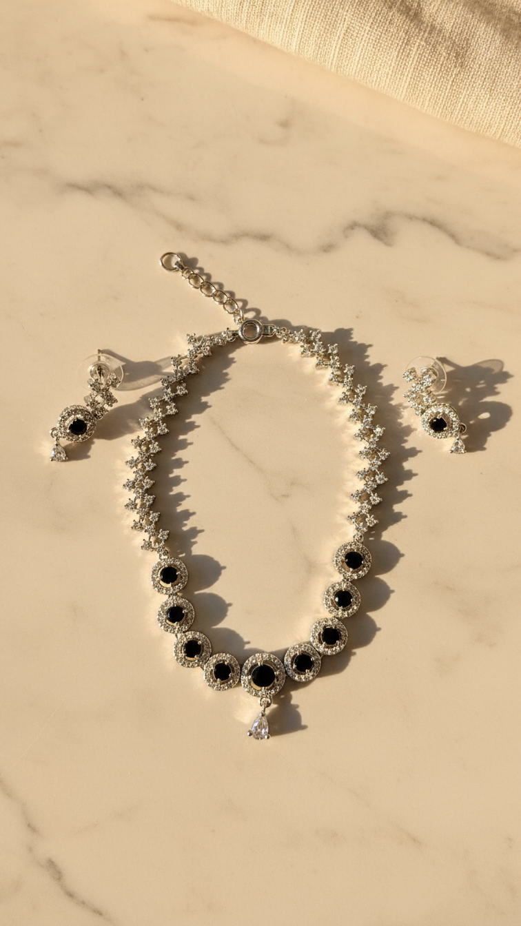 Midnight Halo Necklace & Earrings Set - Premium Silver-Tone Finish
