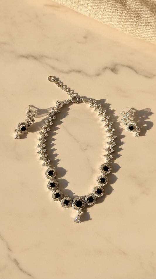 Midnight Halo Necklace & Earrings Set - Premium Silver-Tone Finish