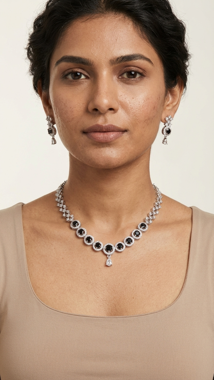 Midnight Halo Necklace & Earrings Set - Premium Silver-Tone Finish