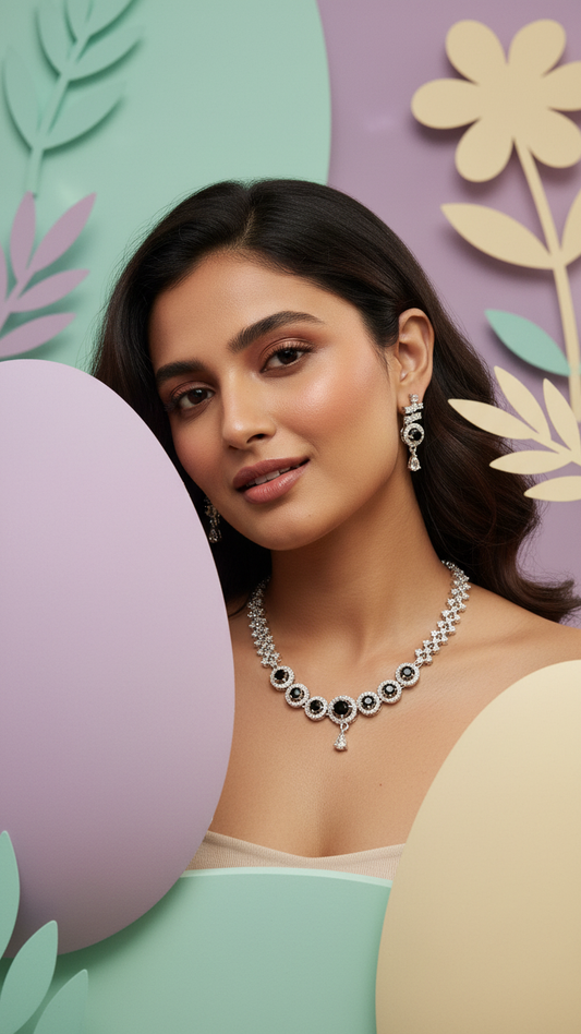 Midnight Halo Necklace & Earrings Set - Premium Silver-Tone Finish