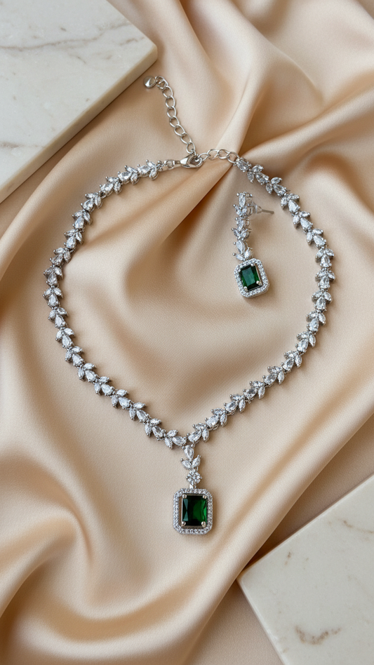 Verdant Luxe Emerald-Cut AD Necklace Set - Premium Rhodium-Style Finish