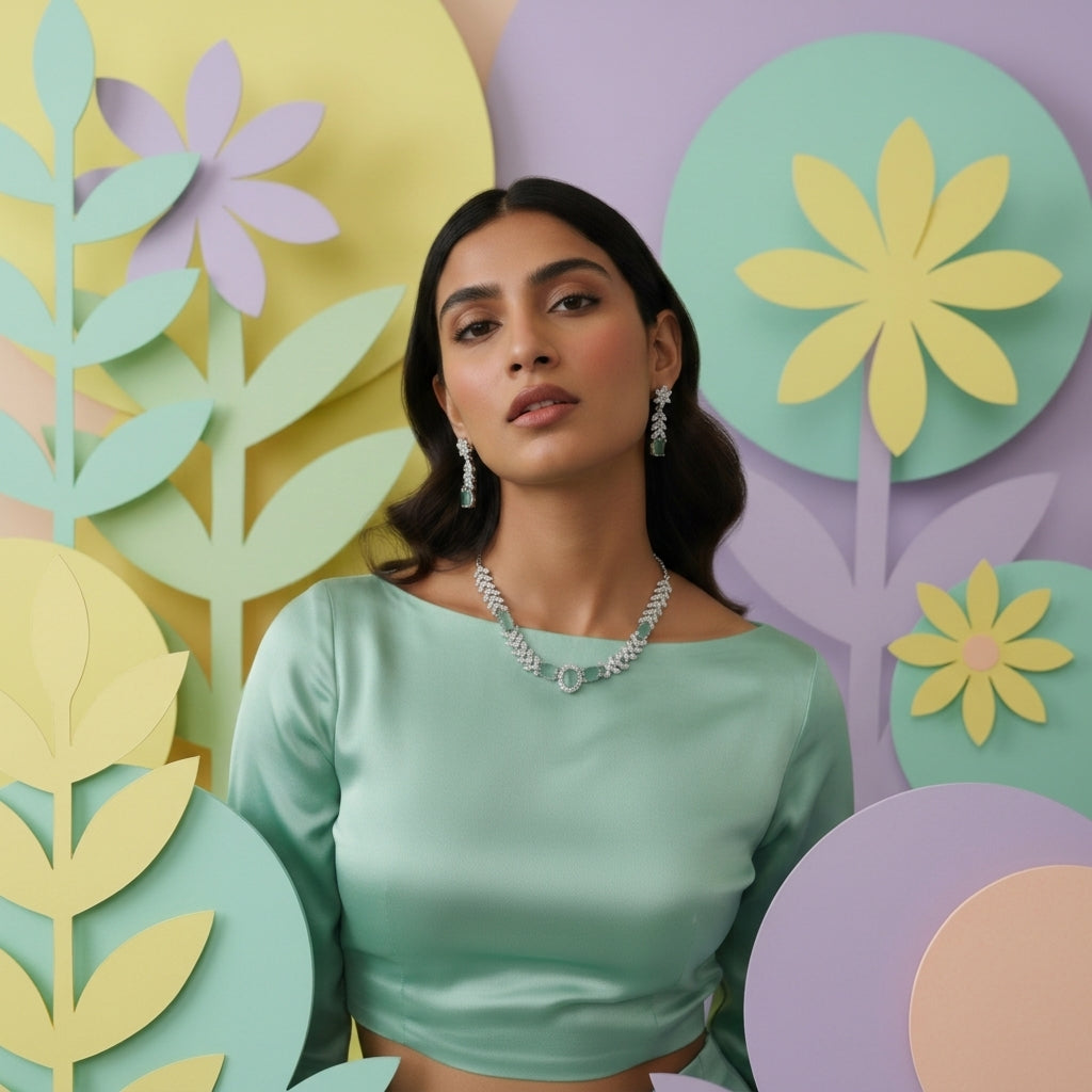 Mint Serenity Marquise Petal AD Necklace Set - Silver Polish