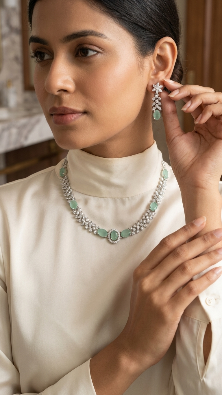 Mint Serenity Marquise Petal AD Necklace Set - Silver Polish