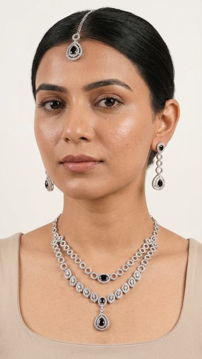 Midnight Bloom Double-Layered AD Necklace Set with Maang Tikka - Silver Finish