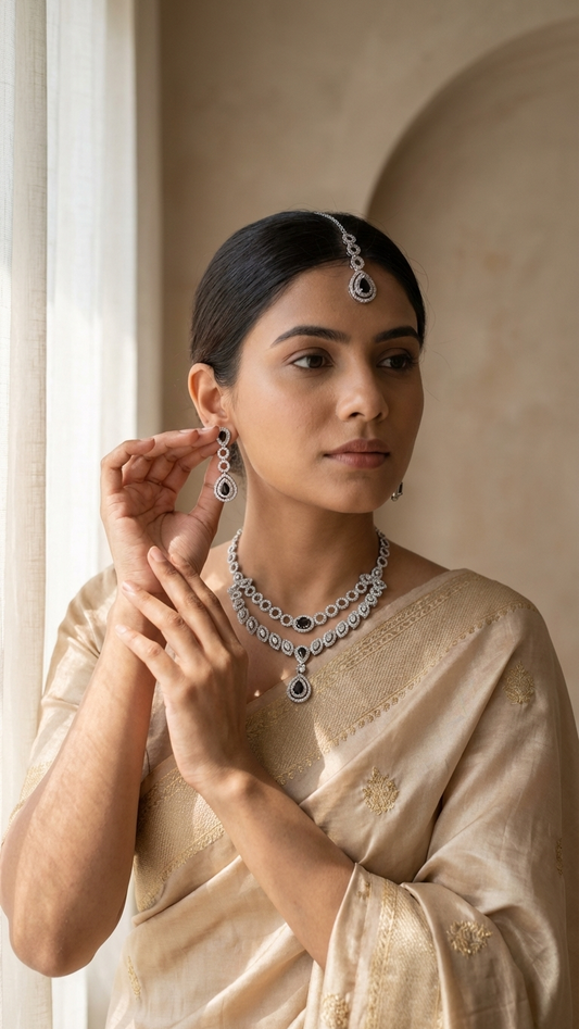 Midnight Bloom Double-Layered AD Necklace Set with Maang Tikka - Silver Finish